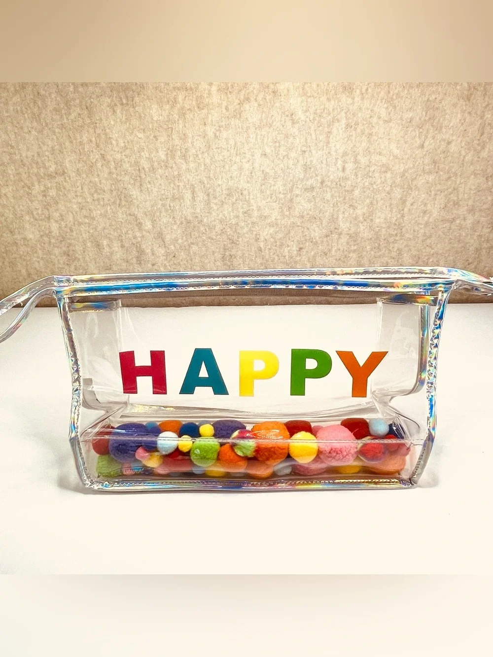 NWOT Cosmetic Makeup Travel Bag w/ Strap Waterproof Iridescent Clear HAPPY
